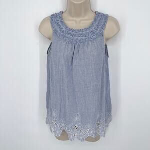 Studio M VINTAGE Blue White Stripe Cotton Embroidered Cutout Top Womens Sz XS